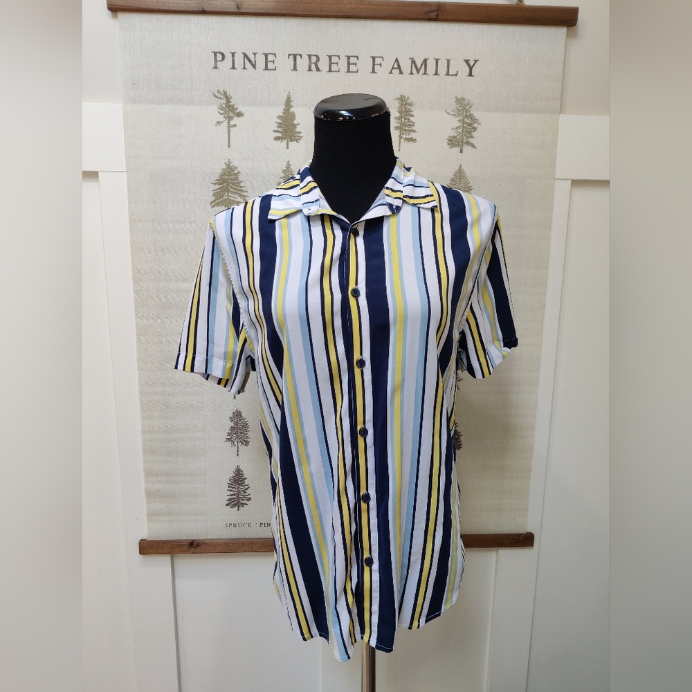 GUESS Los Angeles Vertical Striped Short Sleeve Shirt - Navy/Yellow - Small